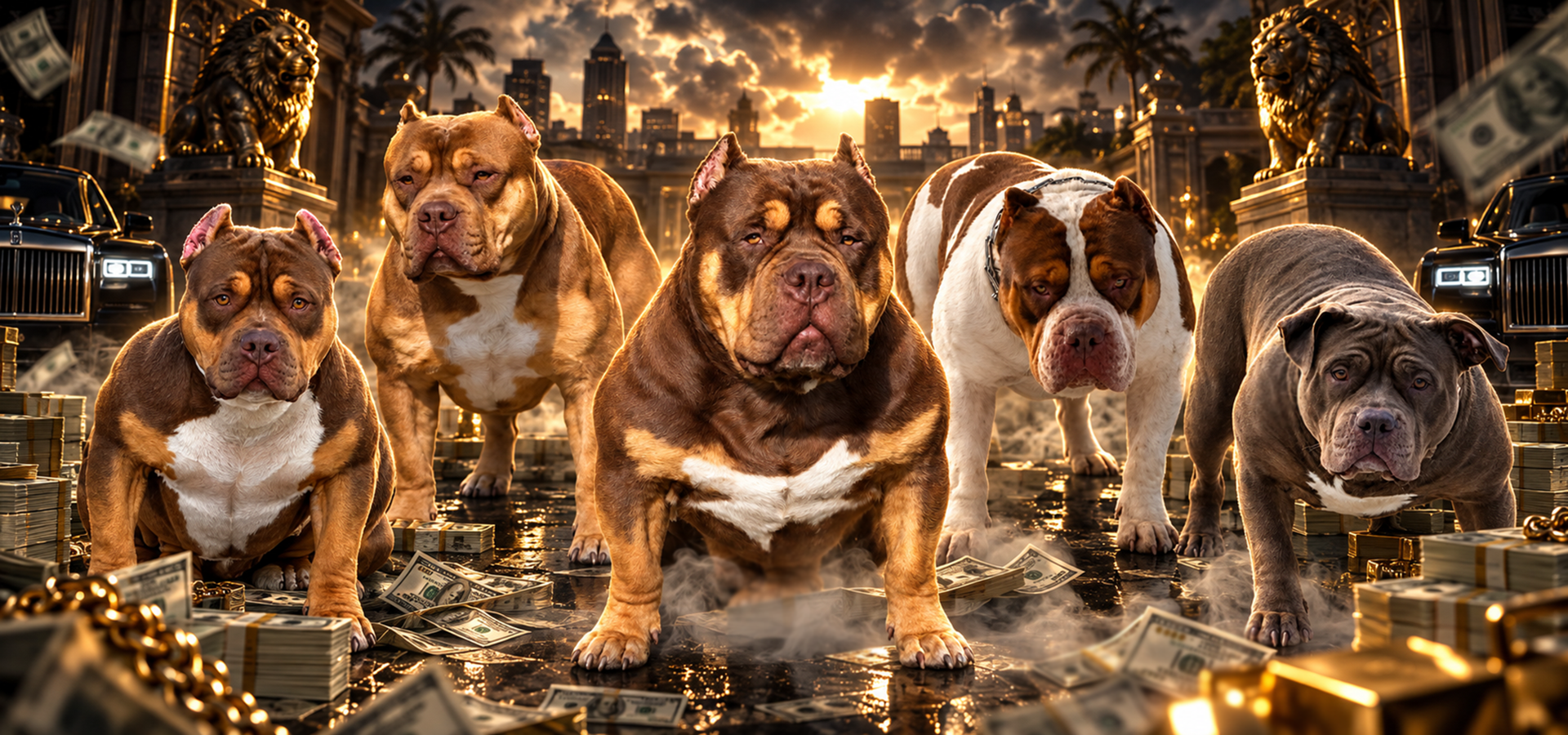 Five XL American Bullies featured in a dramatic money-themed hero banner for Million Dolla Bullies.
